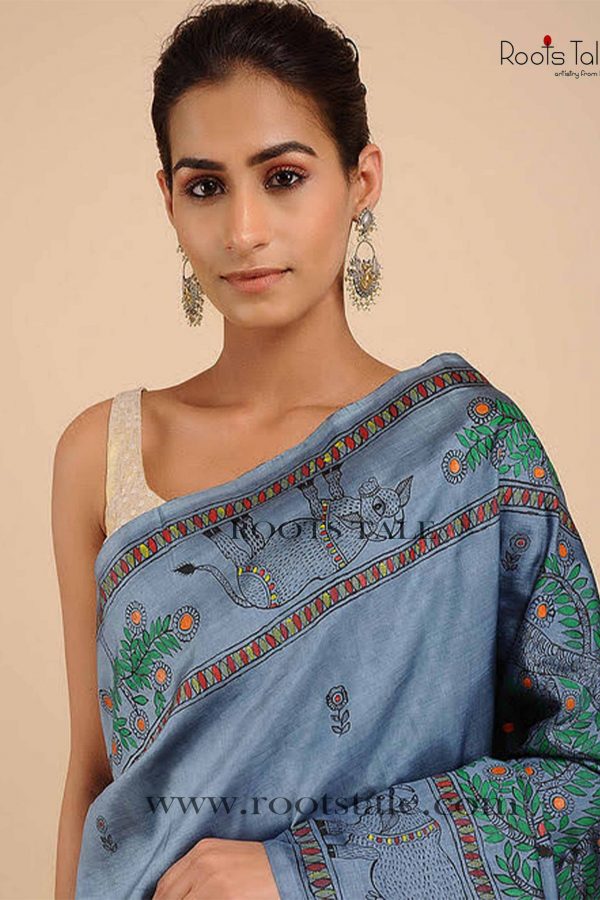 GREY MADHUBANI SILK SAREE WITH BLOUSE