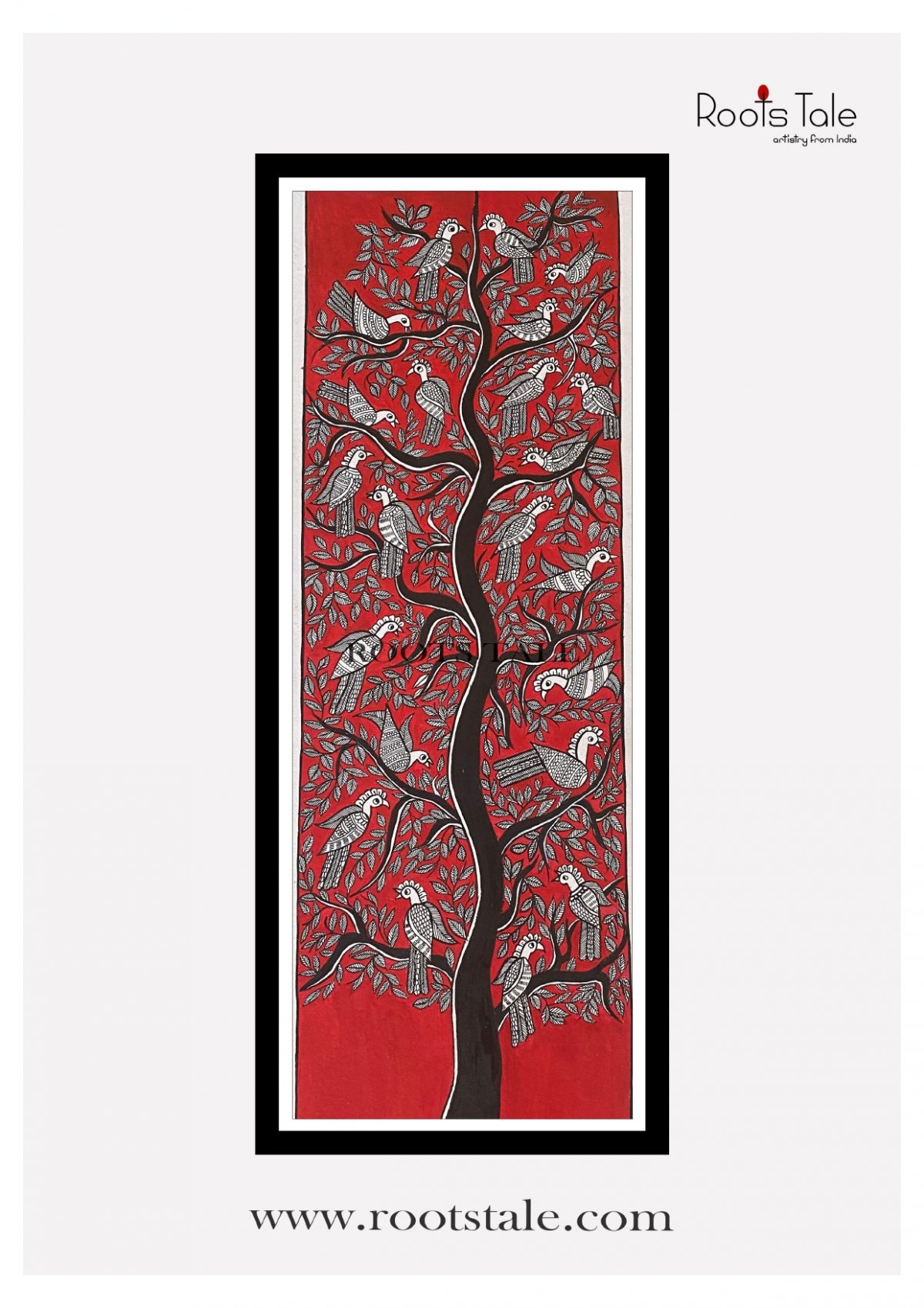 TREE OF LIFE RED MADHUBANI PAINTING(HANDMADE PAPER L-22in W-7.5in)
