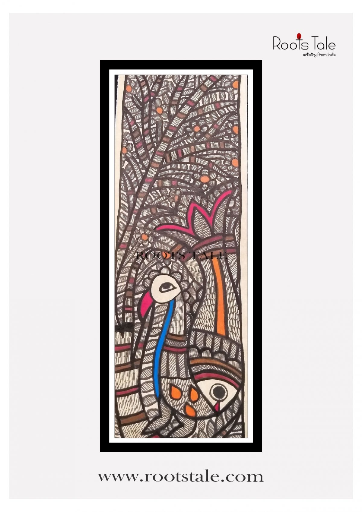 PEACOCK AND FISH MADHUBANI PAINTING(HANDMADE PAPER L-22in W-7.5in)